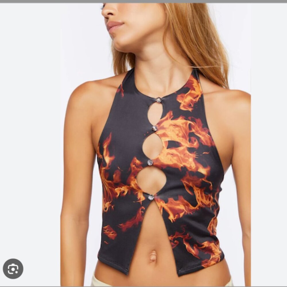Forever 21 Flame Print Cutout Halter Crop Top – Orange & Black (XL)